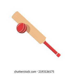 Cricket Bat Hitting Red Ball Set Flat Vector Illustration. Isolated Sport Gear Icon Element