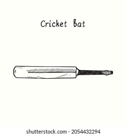 Cricket Bat. Ink Black And White Doodle Drawing In Woodcut Style.