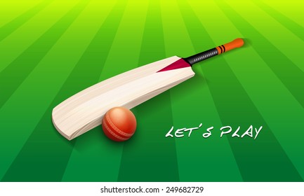 Cricket bat with red ball on green stadium with stylish text Let's Play.