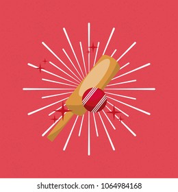 cricket bat and red ball sport sunburst color background