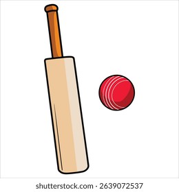 Cricket bat and red cricket ball vector illustration. Traditional sports equipment for matches and training sessions.