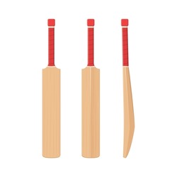 Cricket Bat Set Of Front, Back And Side View Flat Vector Illustration. Isolated Sport Gear Icon Element