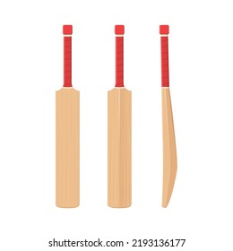 Juego de murciélagos de críquet de ilustración vectorial plana en la parte delantera, trasera y lateral. Icono de equipo deportivo aislado