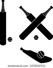 Cricket bat silhouette vector illustrations. Cricket bat and ball by themselves, crossed and laid flat.