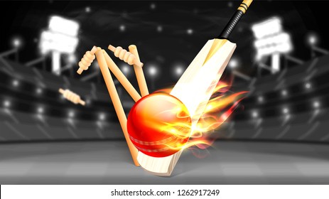 Cricket bat, stumps and ball on fire in night stadium background.