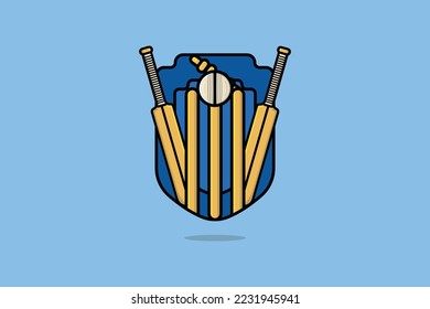 Cricket Bat with Wicket and Ball vector illustration. Sports objects icon concept. Ball hitting the wicket badge shield vector design on blue background with shadow.