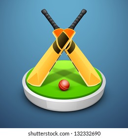 Cricket bats and ball on field stage.