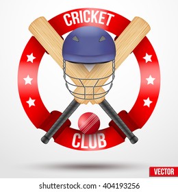 Cricket bats and helmet with ribbons. Sporting Symbol and mascot. Vector Illustration Isolated on background.