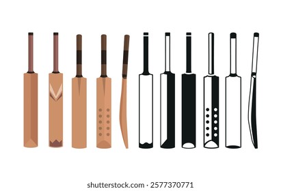 Cricket Bats Illustration Clip Art Isolated Vector Big Collection, Sport Cricket Bat Equipment Colorful Icon on White Background