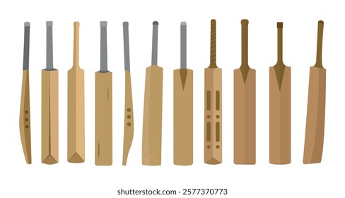 Cricket Bats Illustration Clip Art Isolated Vector Big Collection, Sport Cricket Bat Equipment Colorful Icon on White Background