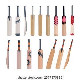 Cricket Bats Illustration Clip Art Isolated Vector Big Collection, Sport Cricket Bat Equipment Colorful Icon on White Background