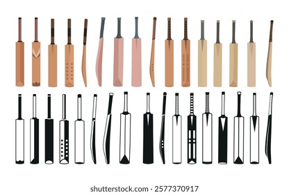 Cricket Bats Illustration Clip Art Isolated Vector Big Collection, Sport Cricket Bat Equipment Colorful Icon on White Background