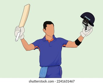 Cricket Batsman celebrating Century   Player Raised helmet and bat in Air