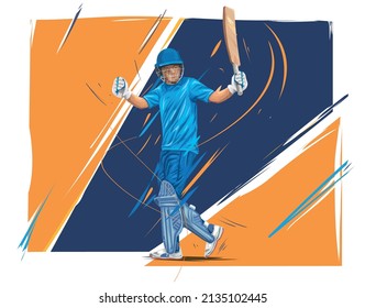 Cricket batsman celebrating his success illustration. Cricket batsman winning pose banner Vector.