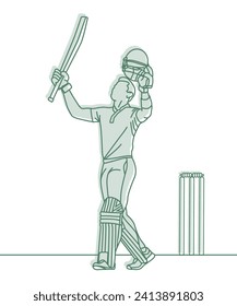 Cricket. Cricket batsman century celebration Line drawing Vector illustration