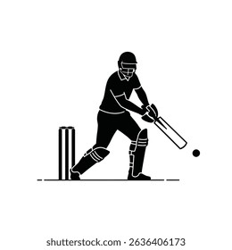 Cricket Batsman Defending Forward Stance Black Silhouette Icon Bat Grounded Sports Action
