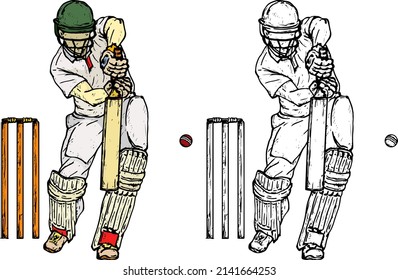 Cricket batsman defending his wicket. Hand drawn vector illustration.