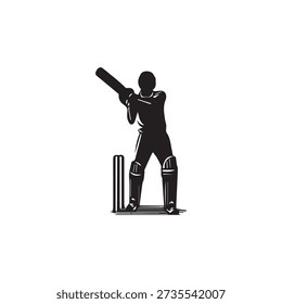 Cricket batsman in full stance, protective gear graphic, willow bat and wicket graphic, sports action illustration.