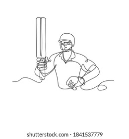 Cricket Batsman Holding Up Bat Front View Continuous Line Drawing