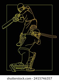 Cricket. Cricket batsman large collection gradient Line drawing Vector illustration.