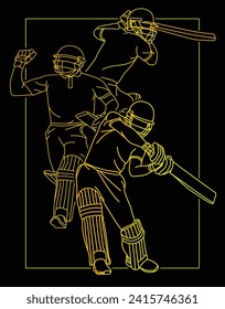 Cricket. Cricket batsman large collection gradient Line drawing Vector illustration.