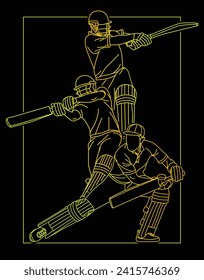 Cricket. Gradiente de gran colección de bateador de cricket Dibujo de línea Ilustración de vectores.