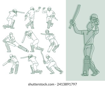 Cricket. Ilustración de la colección de dibujos de la línea del bateador de cricket