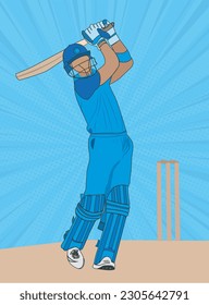 Cricket Batsman in Playing action illustration, the vector sketch of a cricket player