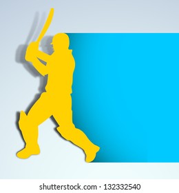 Cricket batsman in playing action on blue background.