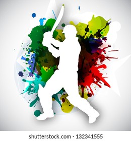 Cricket batsman in playing action on colorful grungy background.