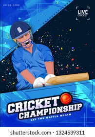 Cricket batsman in playing action on abstract background for Cricket Championship template or poster design.