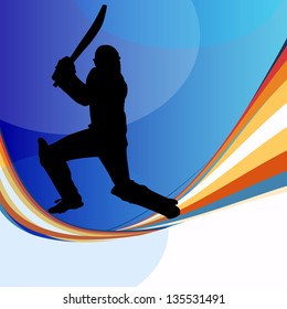 Cricket batsman in playing action on colorful waves background.