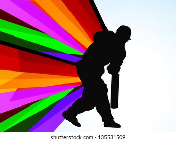 Cricket batsman in playing action on colorful waves background.