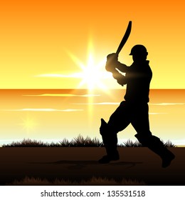 Cricket batsman in playing action on colorful waves background.