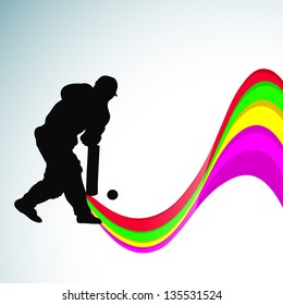 Cricket batsman in playing action on colorful waves background.