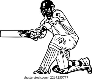 Cricket batsman playing attacking shot vector drawing, cricket batsman silhouette, sweep shot in cricket line art illustration