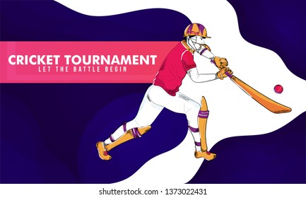 Cricket batsman in playing pose on abstract background for Cricket Tournament banner design.