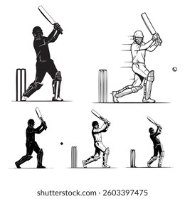 Cricket Batsman Silhouette and Line Art Collection Playing Shots

