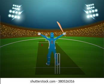 Cricket Batsman Standing In Winning Pose On Night Stadium Lights Background.