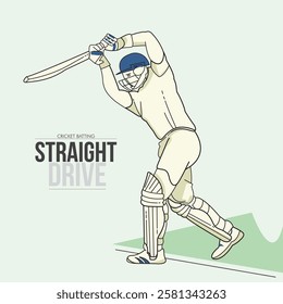 Cricket Batsman Straight Drive playing action 2  minimal line vector Illustration template