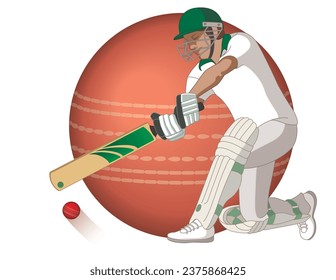 cricket batsman swinging cricket bat with large cricket ball in background