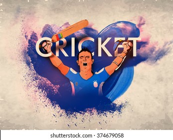 Cricket Batsman in winning pose on abstract paint stroke, vintage background for Sports concept.