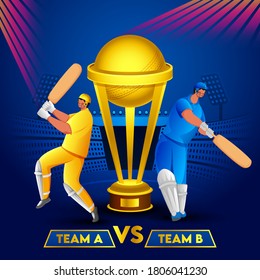 Cricket Batsmen of Team A and Team B and Golden Trophy Cup on Blue Stadium Background. Can Be Used As Poster Design. svg