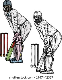 Cricket batter sportsman at the wicket stump. Hand drawn vector illustration.