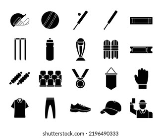 Cricket black icon set. Ball, bat, trophy, batsman, bails vector illustration