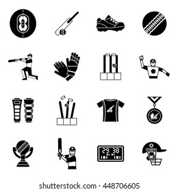 Cricket black icon set man training on sports field and his equipment vector illustration