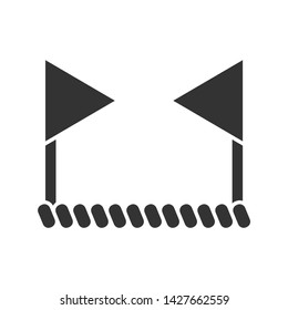 Cricket boundary glyph icon. Two flags connected by rope. Border of playing field. Bat and ball team game. Sport playground equipment. Silhouette symbol. Negative space. Vector isolated illustration