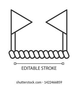 Cricket boundary linear icon. Two flags connected by rope. Border of playing field. Bat and ball team game. Thin line illustration. Contour symbol. Vector isolated outline drawing. Editable stroke