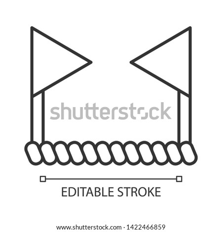 Cricket boundary linear icon. Two flags connected by rope. Border of playing field. Bat and ball team game. Thin line illustration. Contour symbol. Vector isolated outline drawing. Editable stroke