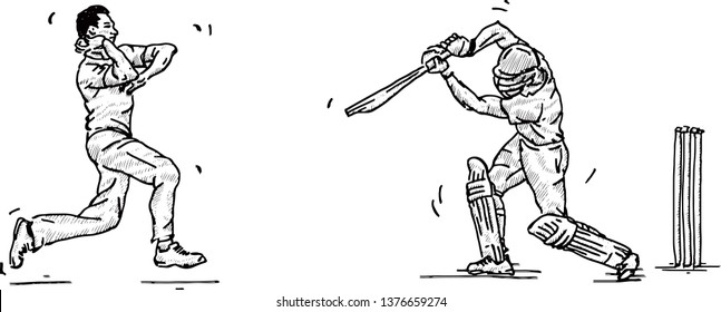 A cricket bowler and batter facing off on the field. Hand drawn vector illustration.